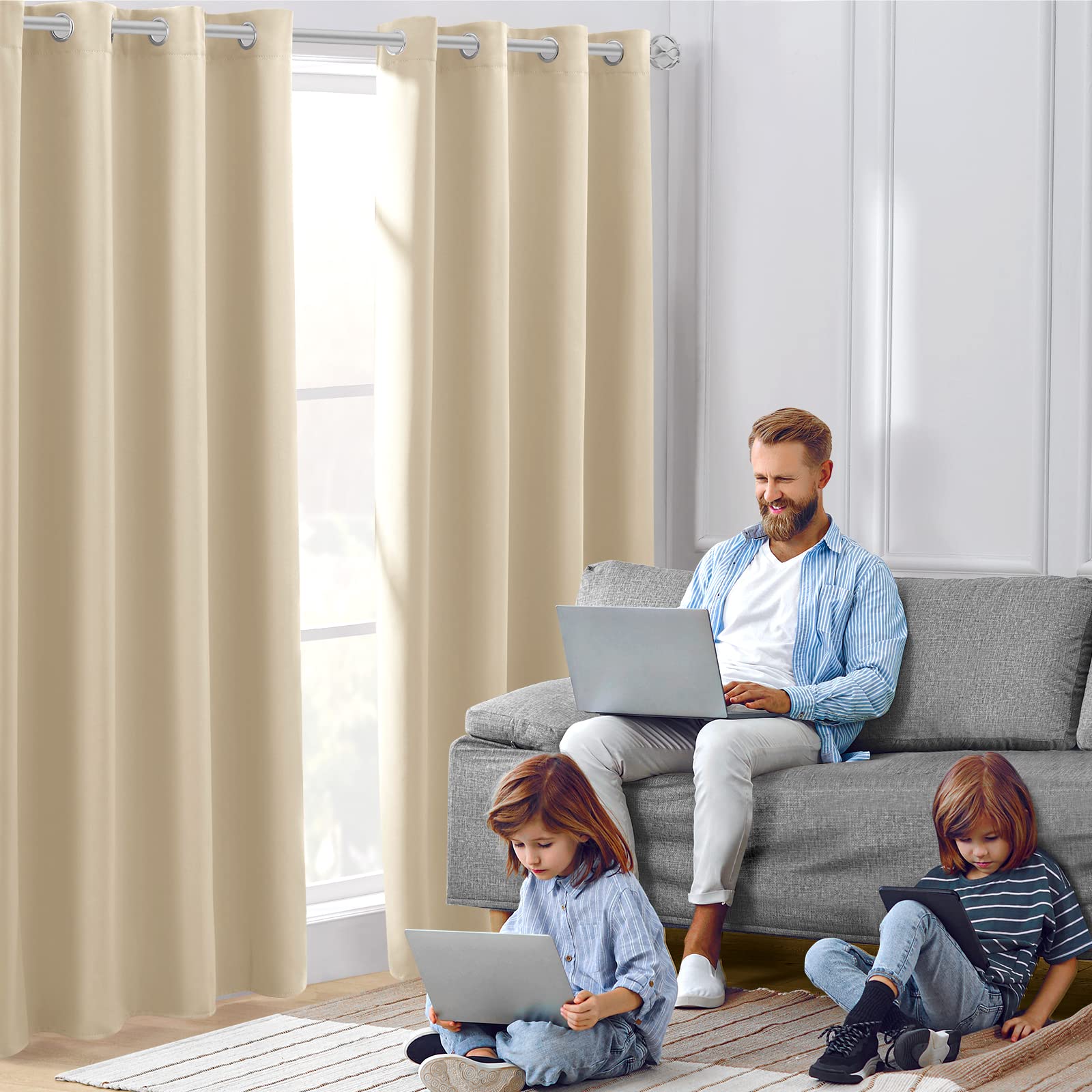 Homeideas Blackout Curtains For Bedroom 52 X 96 Inch Long 2 Panels Set Beige Room Darkening Curtains/Drapes, Soundproof Thermal Grommet Window Curtains For Living Room